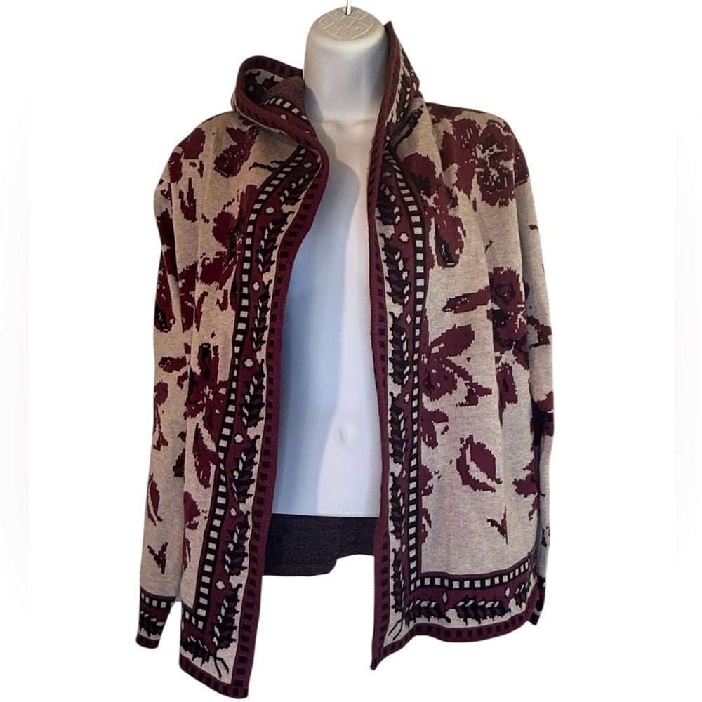 Rachel Zoe Burgundy & Cream Women’s Floral Cardigan Hoodie Will fit to Large